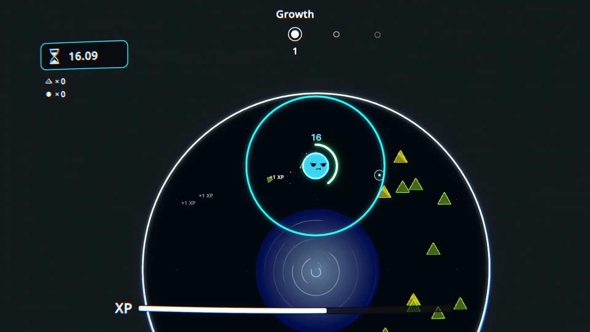 An early round: the round blue character faces a scattering of yellow triangles inside the arena.