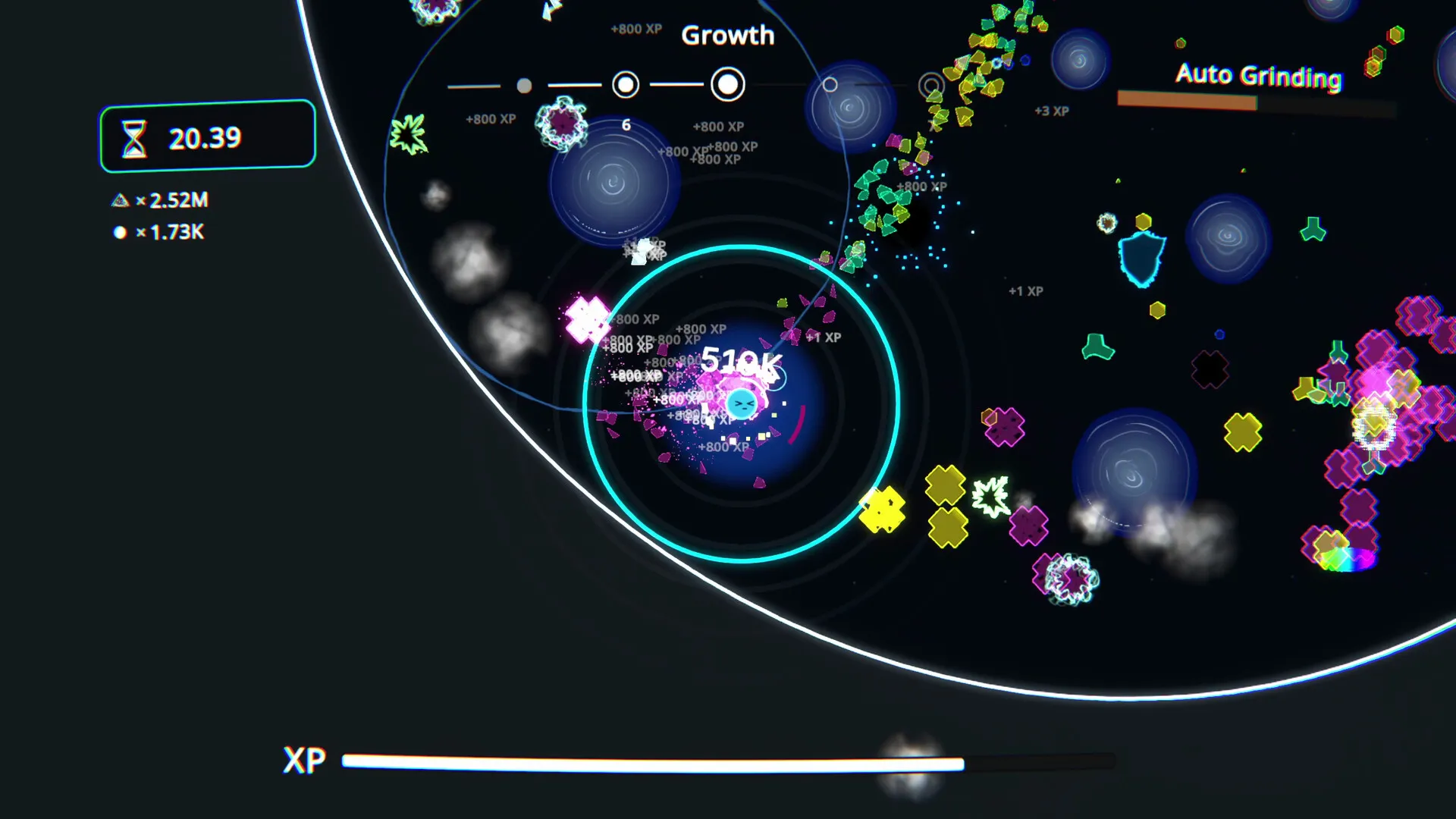 I Hate Polygons gameplay: the player's cyan ring smashes neon polygons into shards.