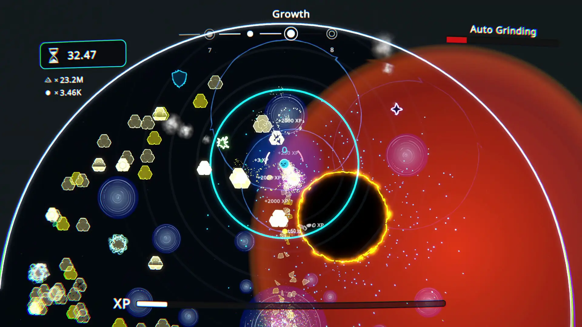 A late round full of hexagons, shards and a large hazard zone, with the Auto Grinding meter filling.